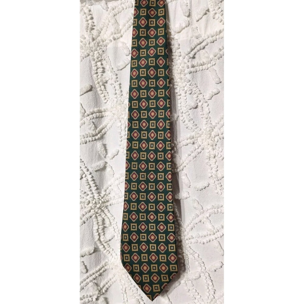 Austin‎ Reed Mens Italian Silk Tie Made In USA Green Red Gold Jewels Formal Geo